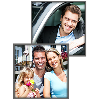 Smiling Man Driving Car & Happy Family